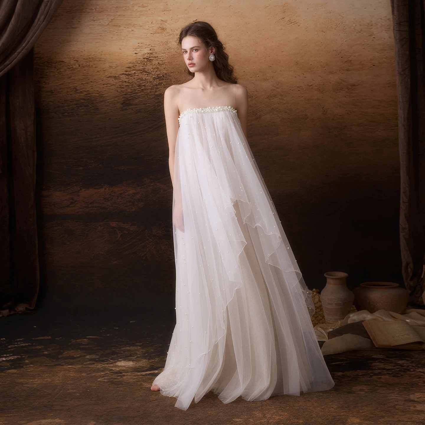 Boho Sleeveless Wedding Dress Pearls Decoration Layered Ruffle Tulle Bridal Gown Outdoor Wedding Bridal Dress Phtotshoot Dress