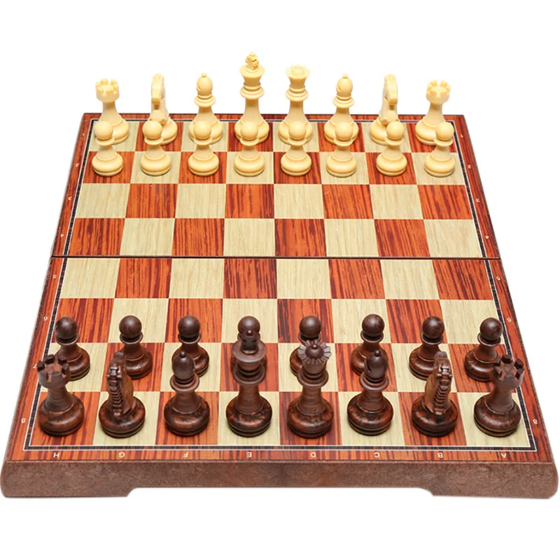 Wood grain Plastic Chessboard For Adult Kids Travel Camp Tabletop Game Portable Folding Chess Set With 32Pcs Magnetic Chessman