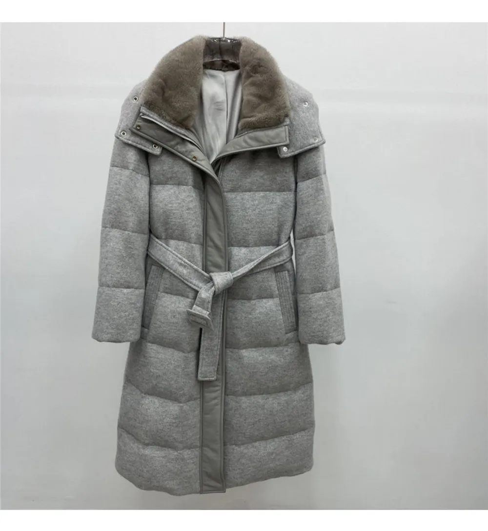 Woman Long Over-The-Knee Belt Goose Down Jacket Imported Mink Fur Collar Thickened Fur Coat L*P New