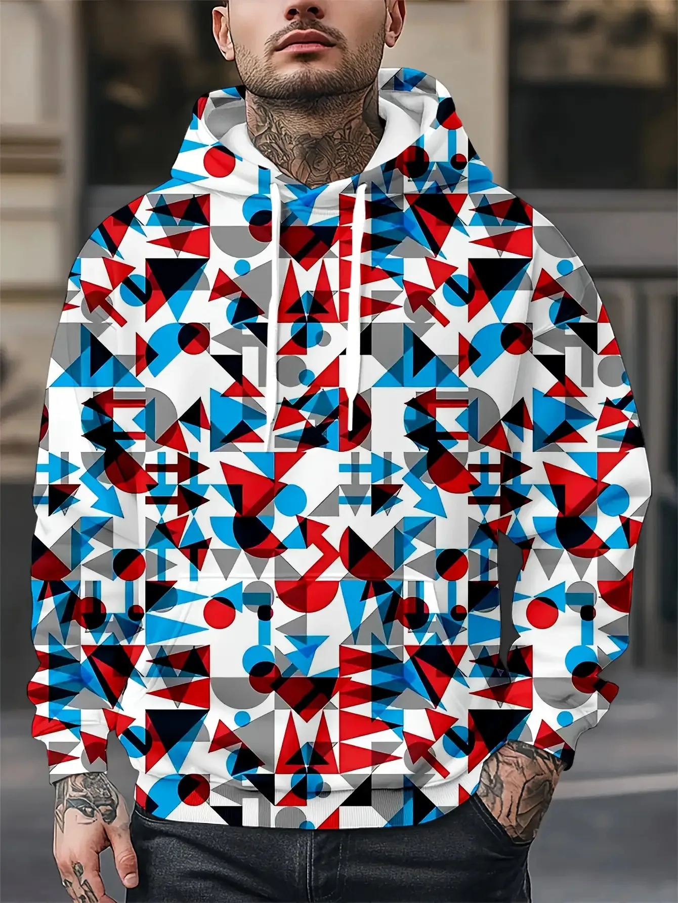 Men Red Blue Black Geometric Triangle Circle Abstract Full Print Hoodie Drawstring Pocket Long Sleeve Casual Pullover Sweatshirt