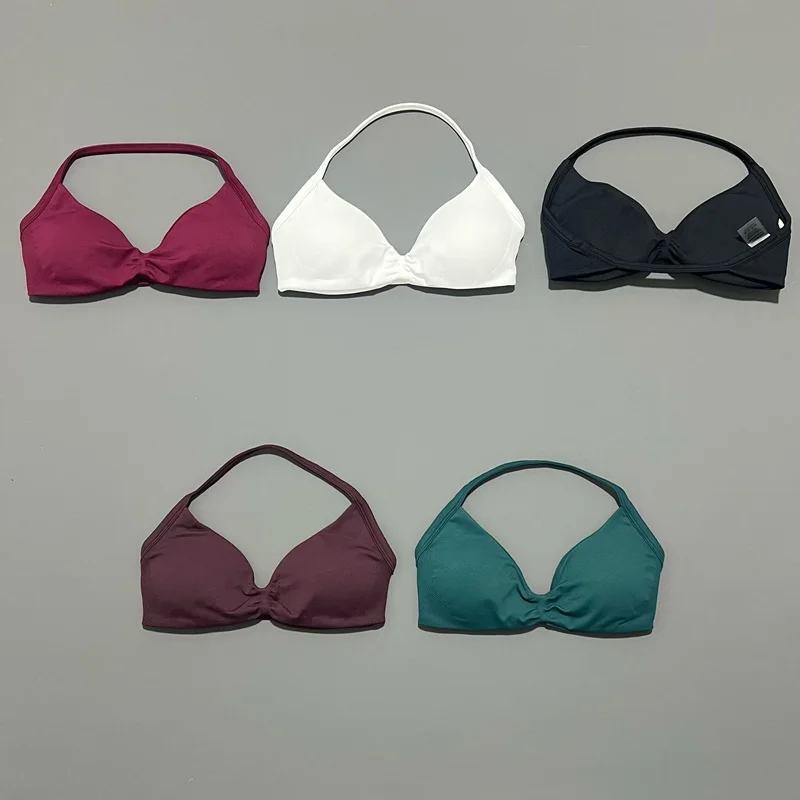 HISTELLO Sports Strappy Bra Df Solid Color Women Seamless Yoga Underwear Fitness Workout Halter Top Running Gym Sports Bra