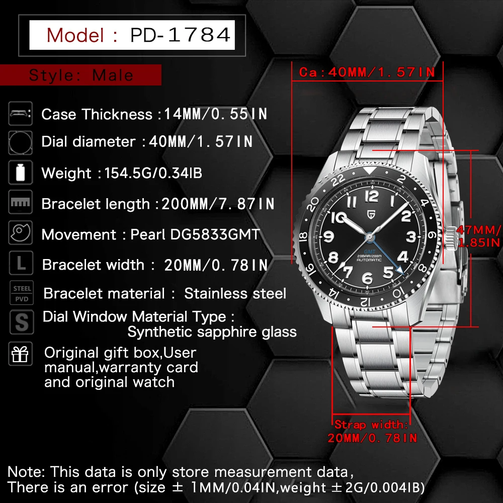 PAGANI DESIGN PD1784 GMT Automatic Mechanical Watch DG5833 Stainless Steel Sapphire Glass Waterproof Watches reloj hombre