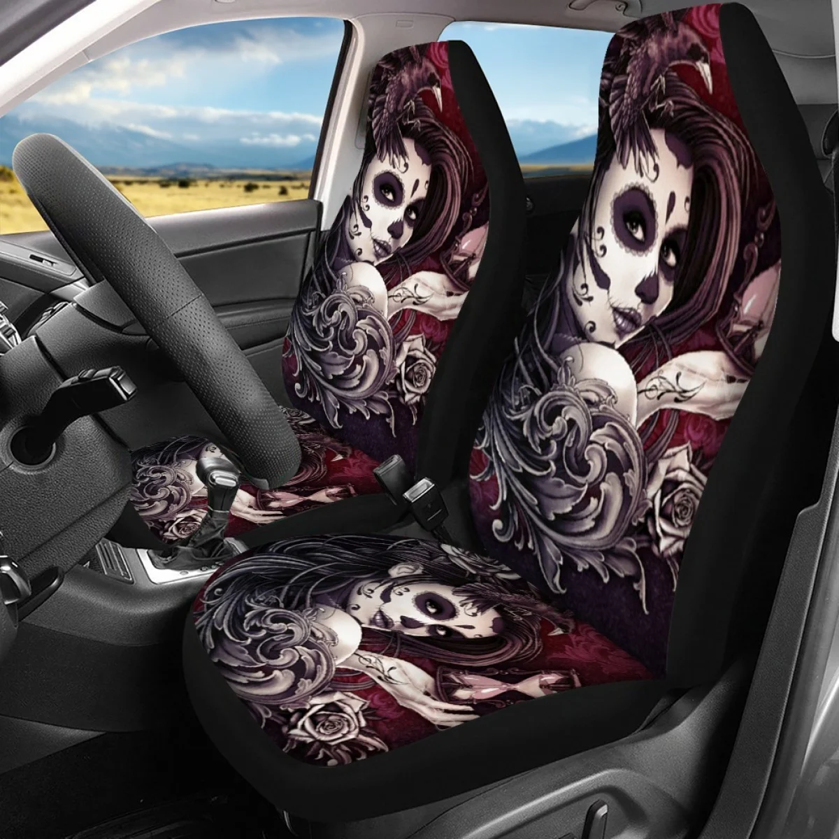 

Beautiful Skull Girl Print Comfortable Front and Rear Automobile Seat Protector Durable Universal Car Seat Cushion Cover Decor