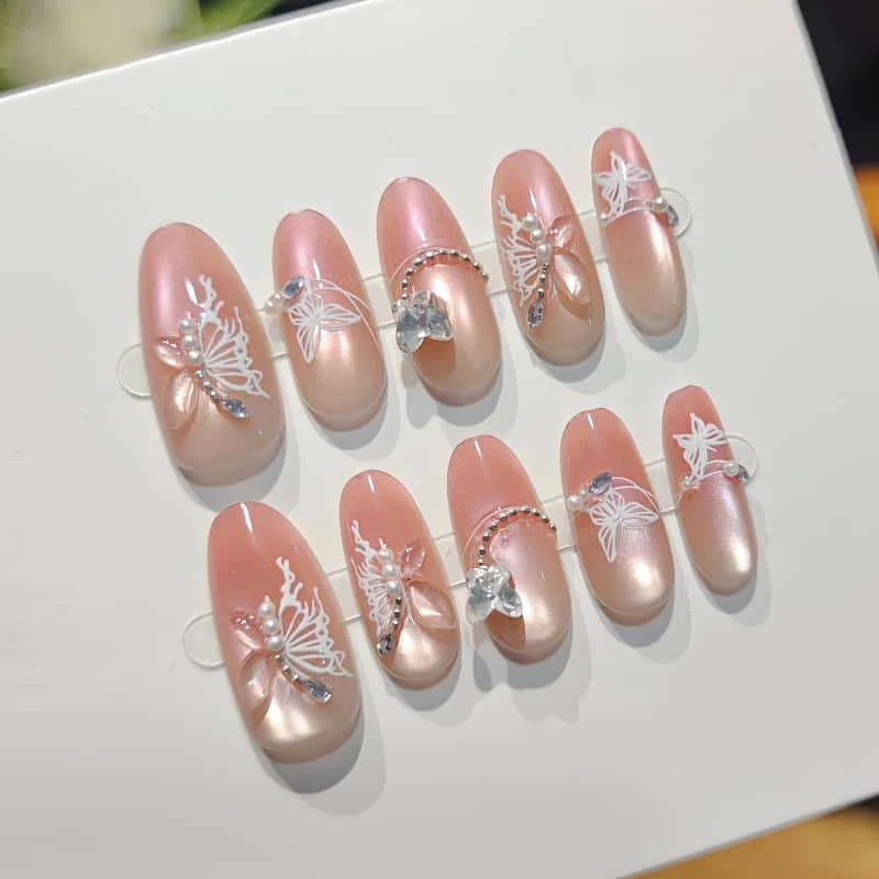 10Pcs French Sweet Cool Spicy Girl Light Luxury with Diamonds and Bowknot High-end Temperament Nail Art Press on Nails Fake Nail view 6