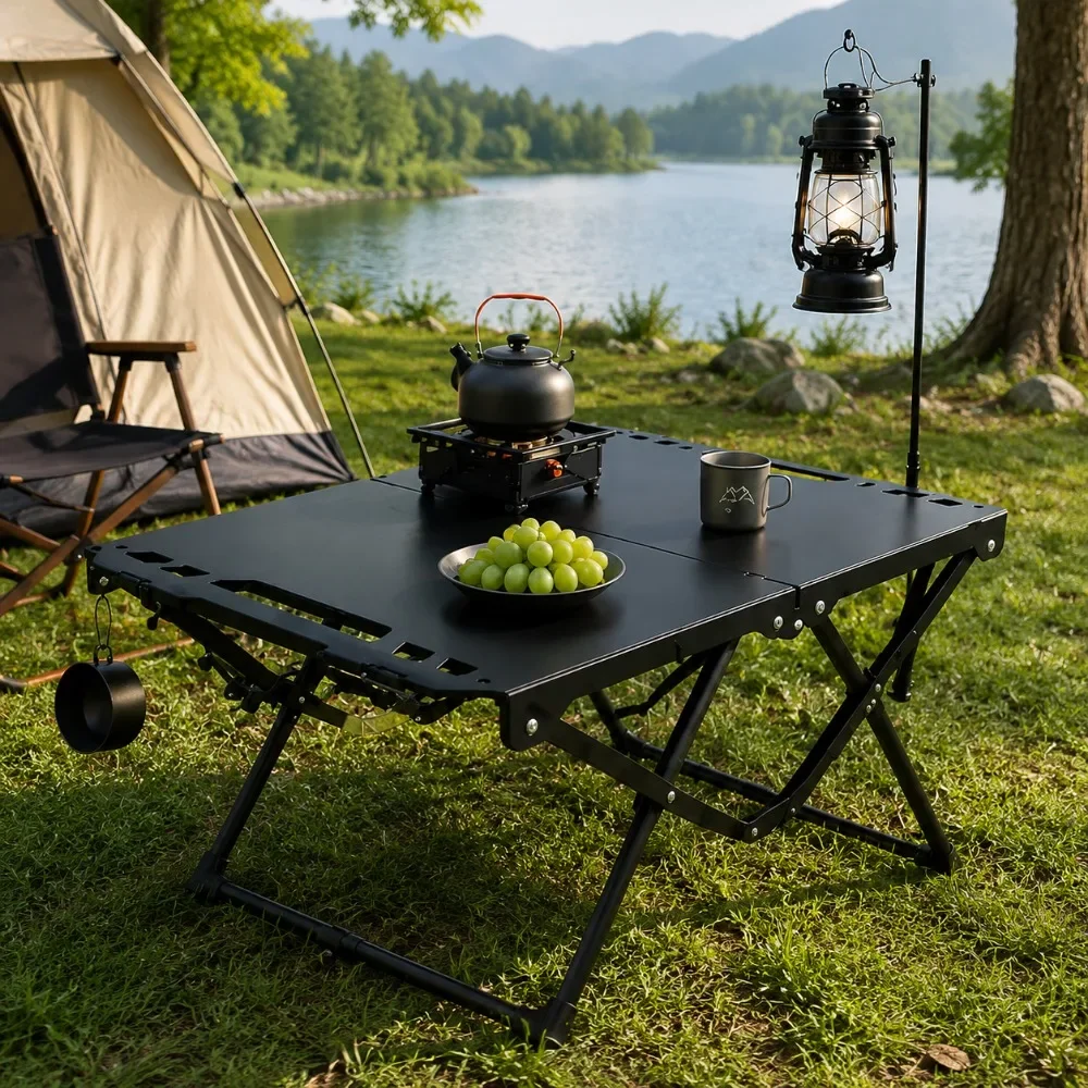 Portable Folding Camping Table Outdoor Picnic Table Edge Design Hanging Storage Space Travel BBQ Table