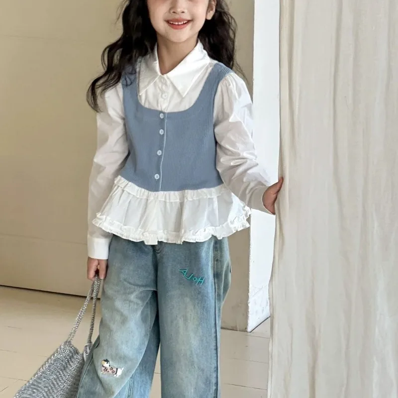 2026 Autumn New Kids' Two Piece Shirt Girls' Lace Trimmed Blouse Trendy Children's Two-Piece Suit Toddler Big Kids 5
