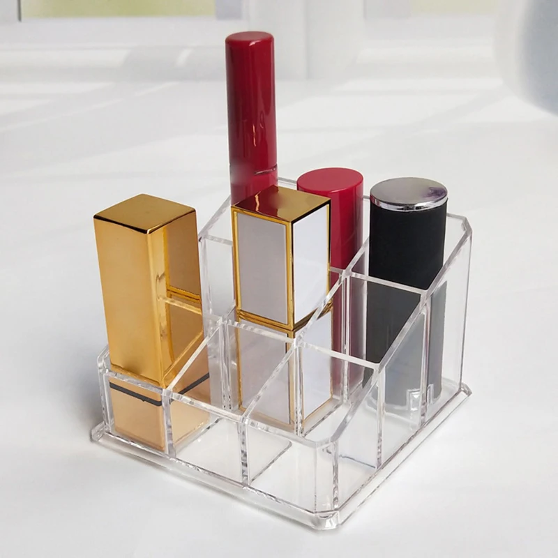 9 Slots Clear Acrylic Lipstick Storage Box Trapezoid Cosmetic Display Case Store Desk Lipstick Cosmetic Organizer Holder Stand