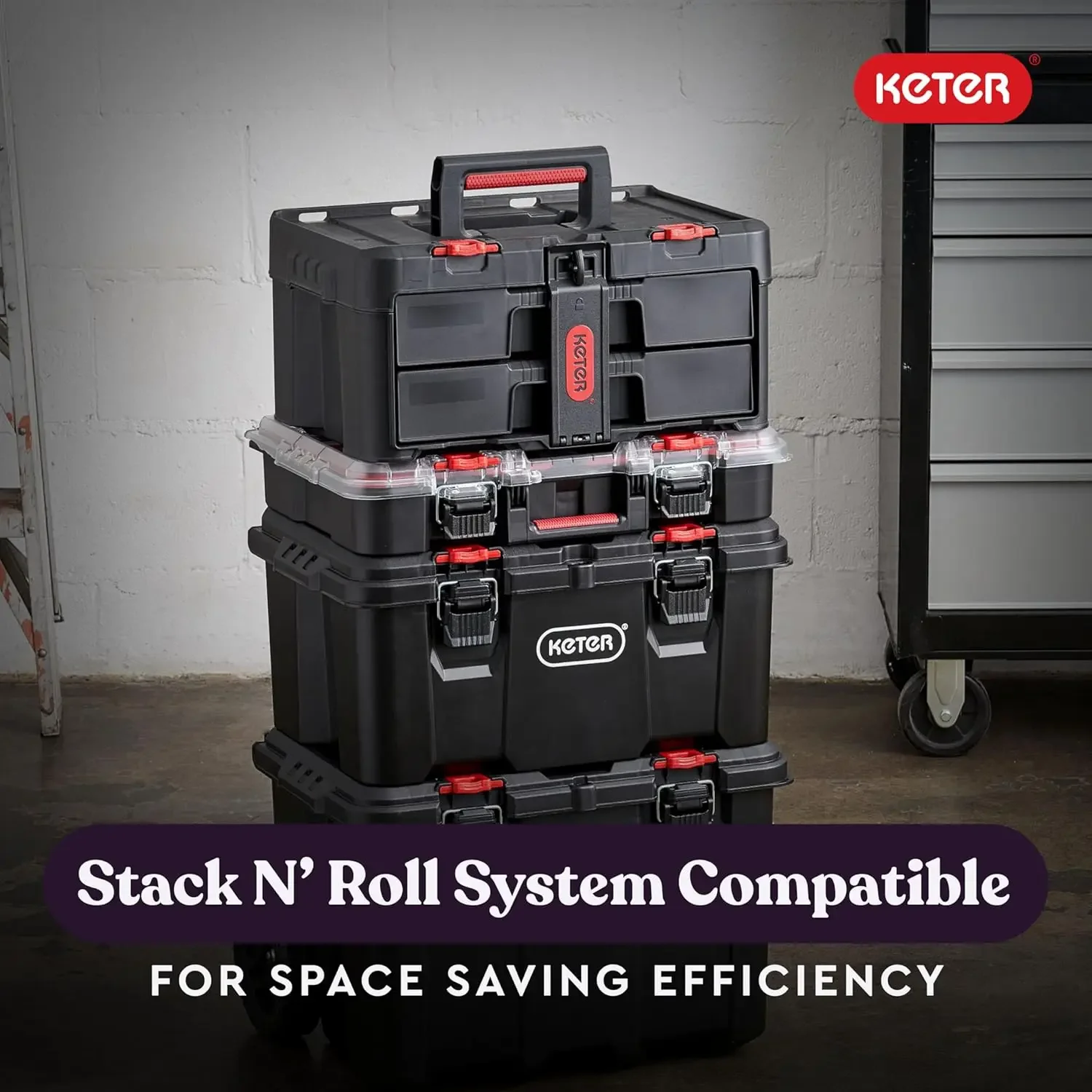 Stack-n-Roll Two Drawer Tool Box for Small Parts and Power Tool Accessories, Fits Keter Modular Tool Storage System