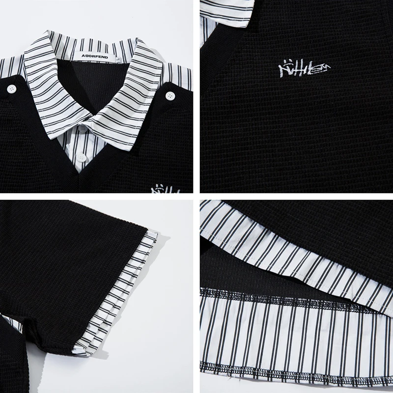 الرجال الهيب هوب الشارع الشهير بولو تي شيرت إلكتروني التطريز المرقعة وهمية اثنين الصيف المتضخم قميص بولو الرجعية عارضة زوجين أعلى المحملة #5