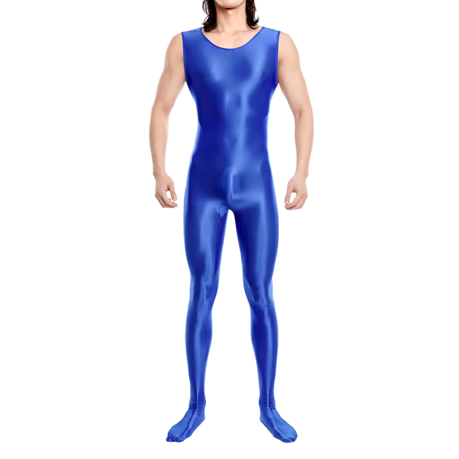 Men Yoga Body-shaped Jumpsuit Costumes Glossy Stretchy Fitness Gym Comfortable Body Legging Sleeveless Footed Bodysuit Jumpsuit