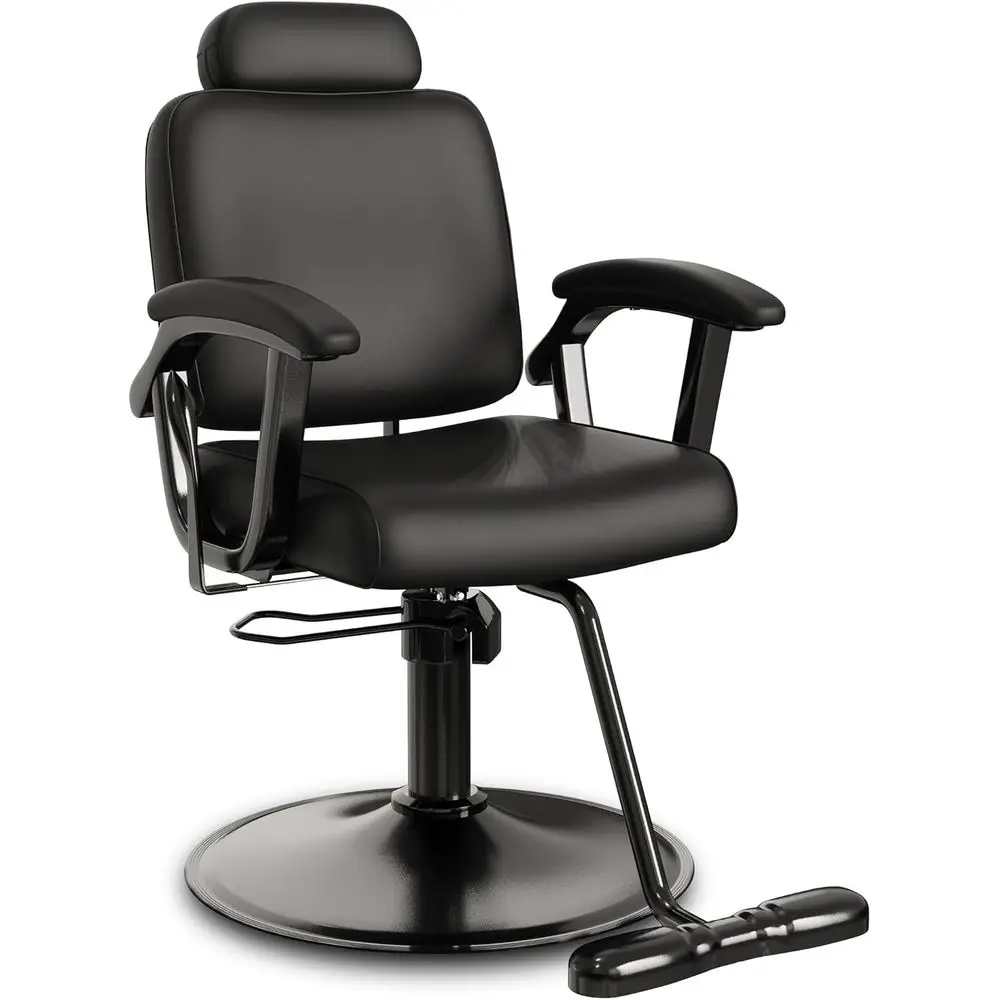 Luxury Black Reclining Salon Chair with Removable Headrest, All-Position Hydraulic, PU Leather, 360° Swivel, 135° Recline, Heavy