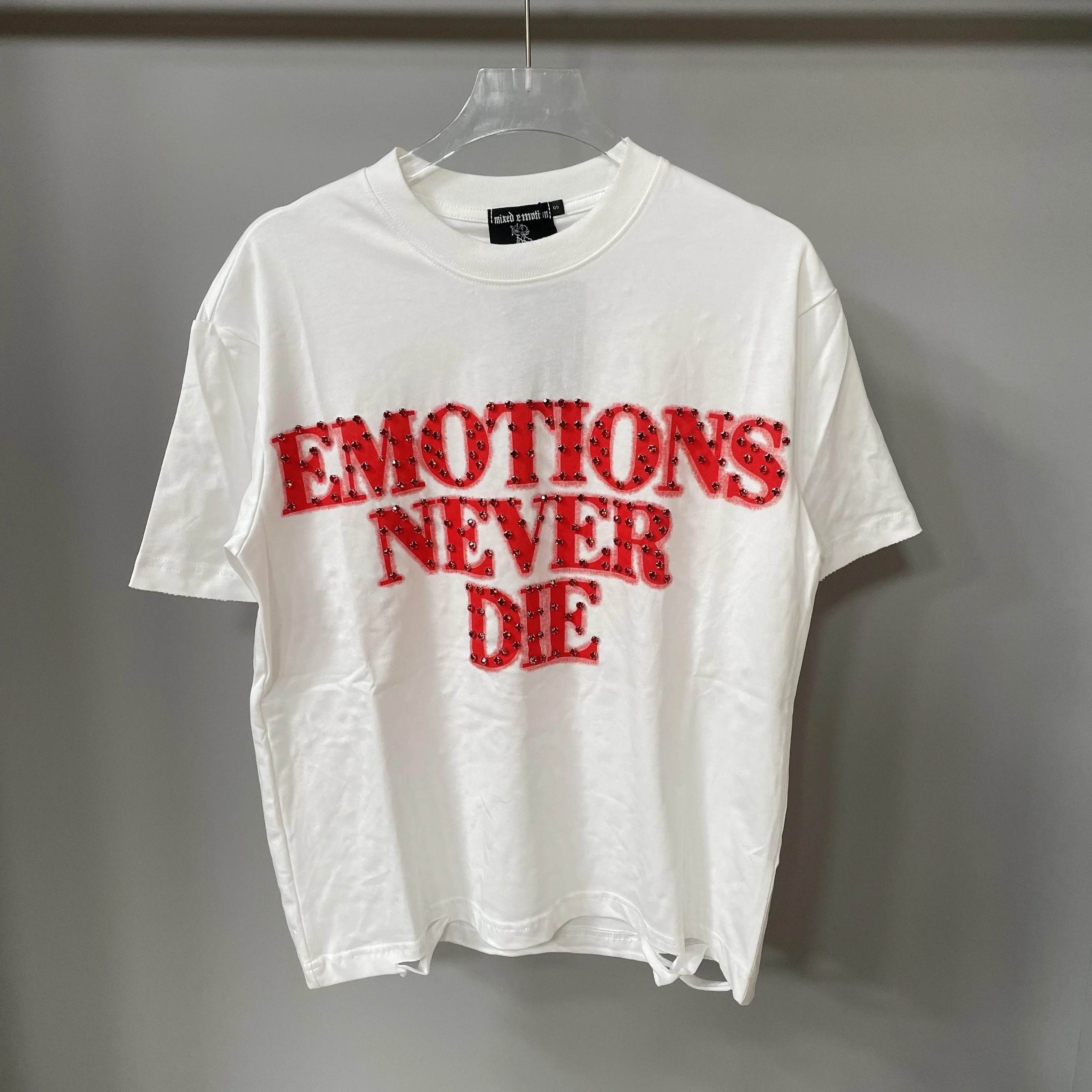

Mixed Emotion Ripped Hole Diamond Short Sleeve Tshirts for Men Round Neck Rhinestone Loose Casual Tees Oversized Summer T-shirt