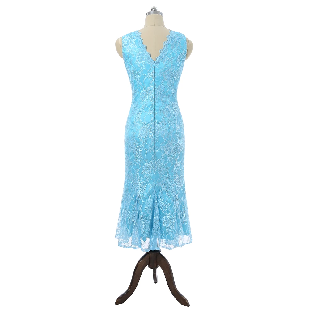 Sky Blue Moeder Van De Bruid Jurken Schede V-hals Thee Lengte Lace Met Jas Plus Size Korte Bruidegom Moeder Jurken voor Bruiloft