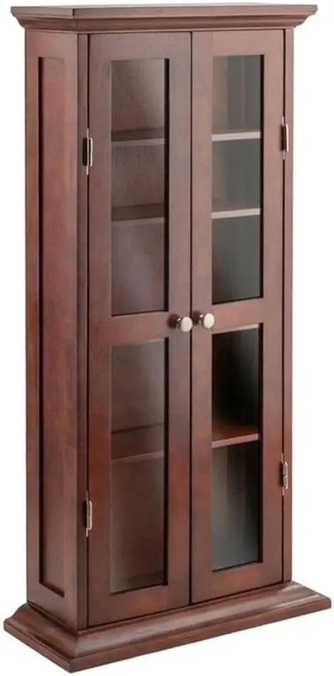 

Transitional Wood Media Cabinet Glass Doors Walnut Finish Five Shelves Dvd Cd Organizer