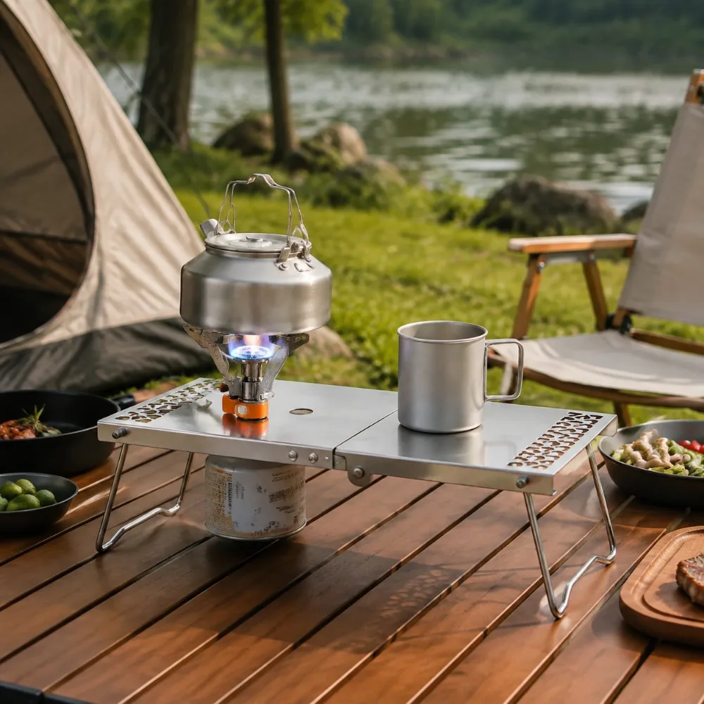 Folding Camping Stove Table Lightweight Stainless Steel Outdoor Cooking Table Mini Portable Picnic Hiking Backpacking Table