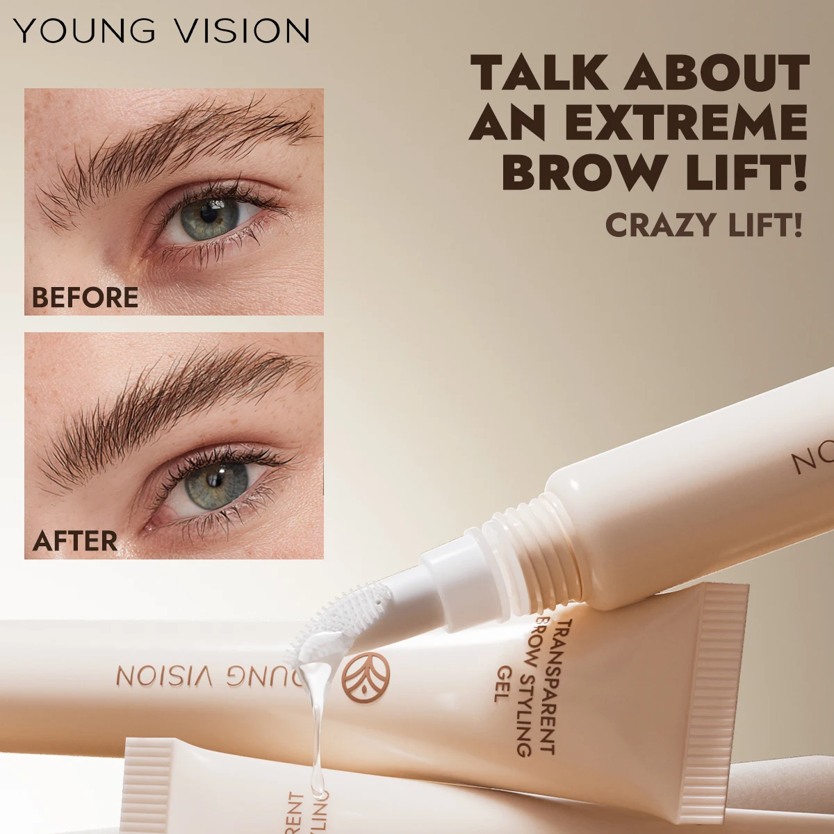 YOUNG VISION Gel à sourcils transparent avec tête de brosse intégrée pour un coiffage durable et un gel à sourcils fin