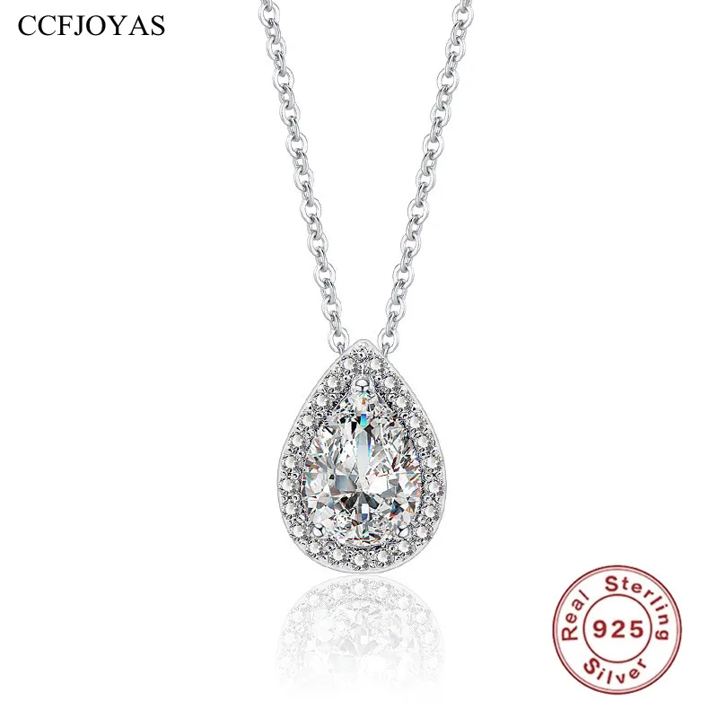 

CCFJOYAS 925 Sterling Silver Crystal Clear Shine Water Drop Pendant Necklace for Women Clavicle Chain Sweater Necklace Jewelry