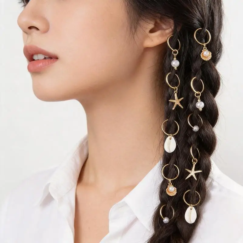 1 Set Muschel-Haarringe im Bohemian-Urlaubsstil, Hip-Hop Dirty Braid Personalisierte Casual Haarspange – Detail 2