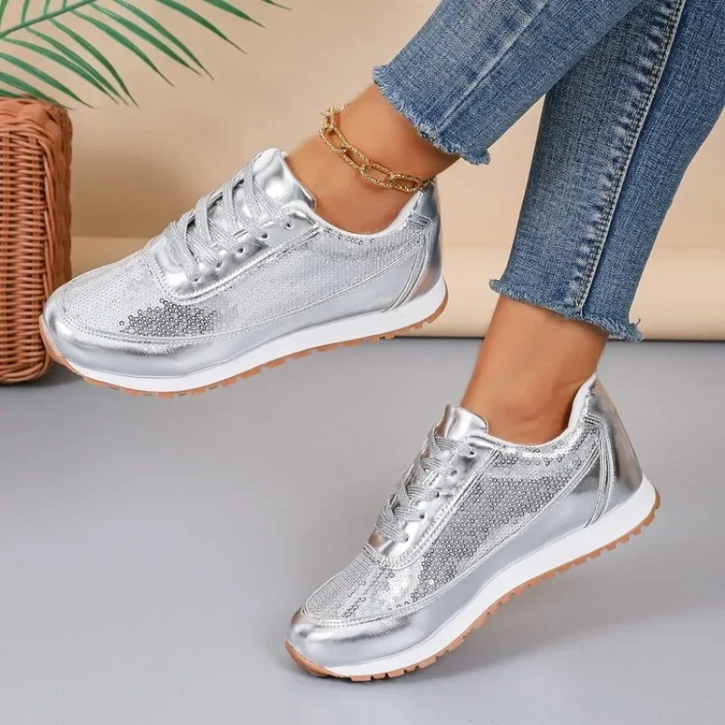 

Womens Shiny Silver Sequins Sneakers Casual Lace Up Bling Walking Shoes Metallic Sparkly Flat Comfort Trainers Ladies Footwear