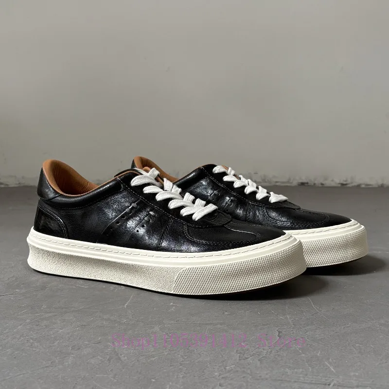 

Genuine Leather Skateboard Shoes Men Black Breathable Sneakers Thick-Soled Simple Trendy Comfortable Casual Shoes