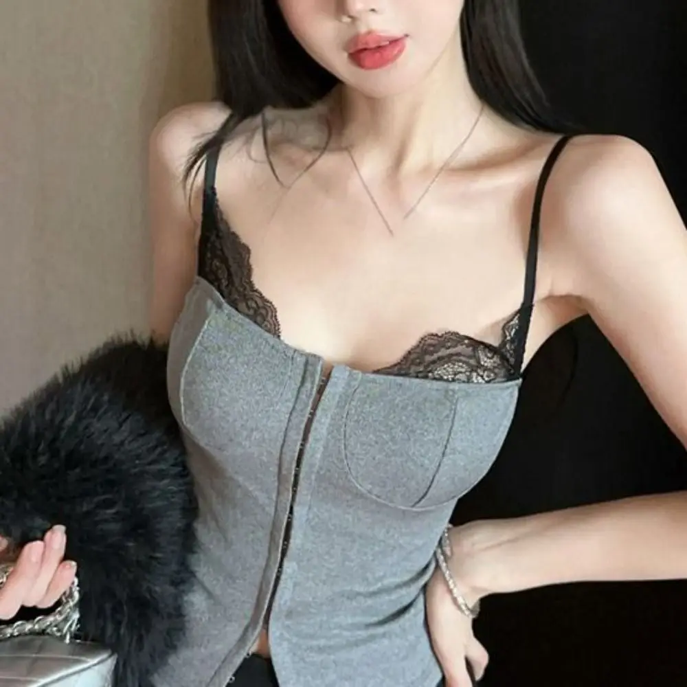 Cute Sleeveless Y2k Slim Crop Top Buckle Cartoon Women's Lace Vest Top Undershirt Sweet Camisole with Pads Lady
