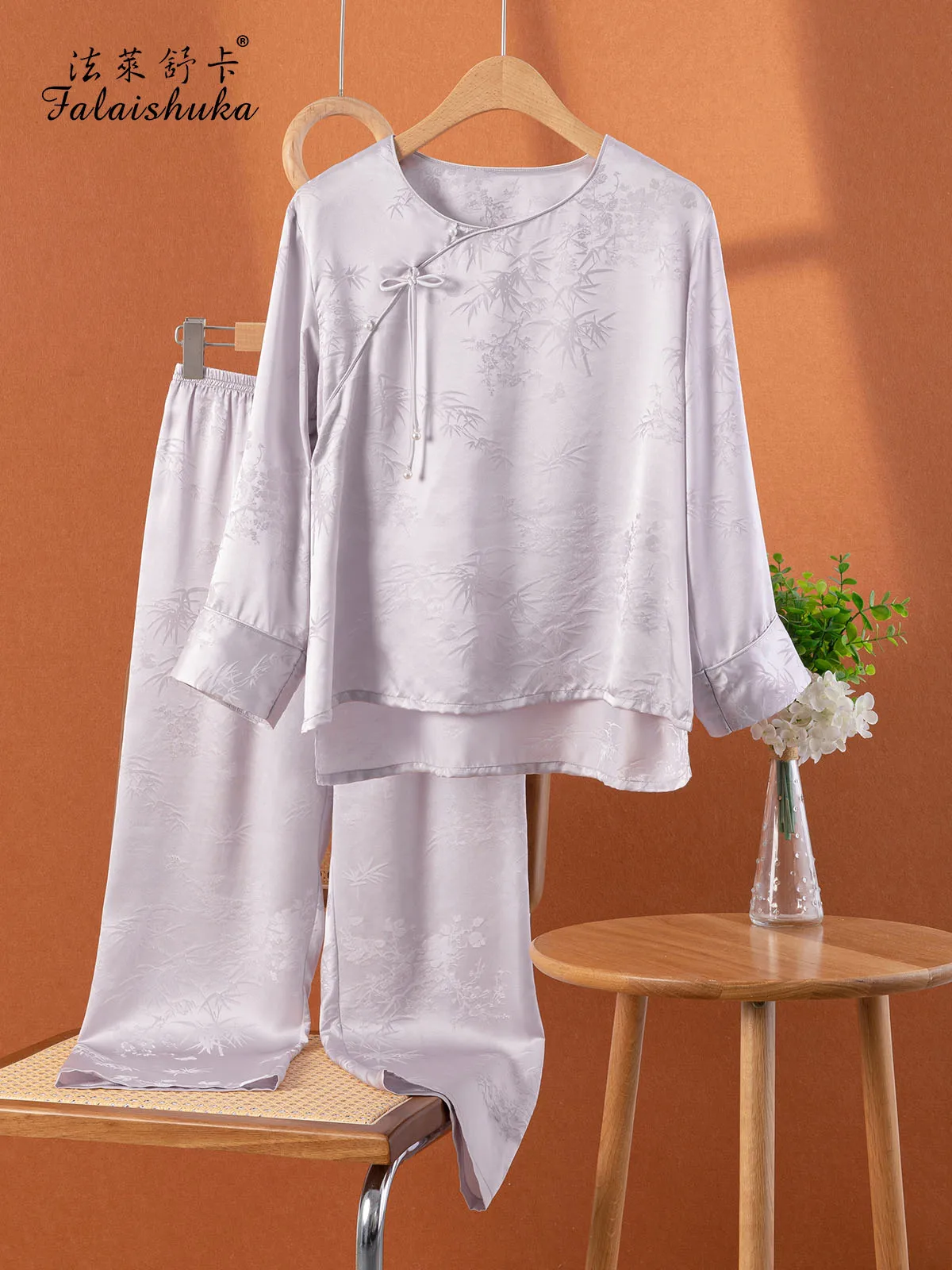 Ensemble de pyjama en soie véritable pour femme, vêtements de nuit élégants, feuille de bambou, soie naturelle, mode fraîche, 100% authentique, 19 Momme, T8733