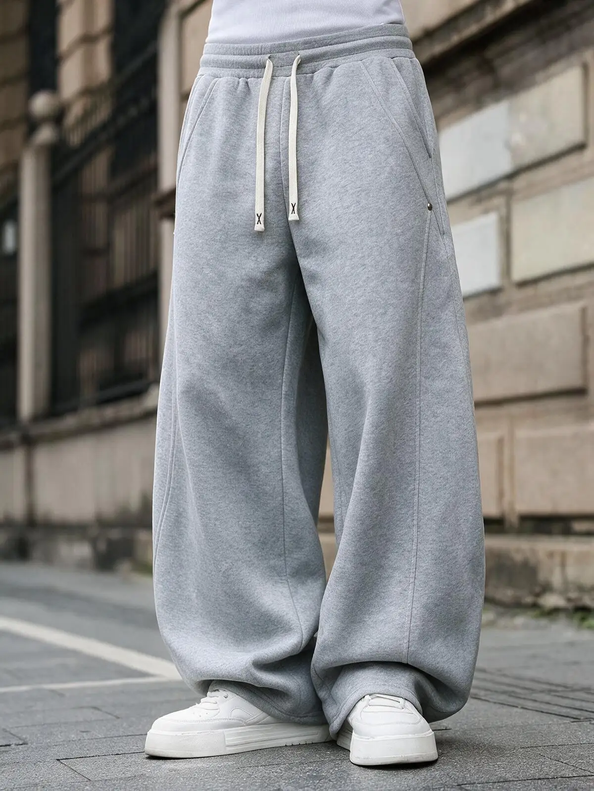 Men Wide Leg Casual Sweatpants, Double Drawstring Elastic Waist, Side Rivet Accent, 3D Cut Stitching, Draped Knit Fabric, Loose Straight Fit, Side Pockets, Streetwear Versatile Trousers