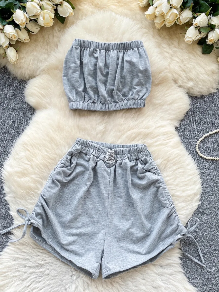 

Foamlina Dopamine Pure Desire Cropped Bandeau Top Women Summer Elastic Waist Wide Leg Drawstring Shorts Petite Two Piece Set