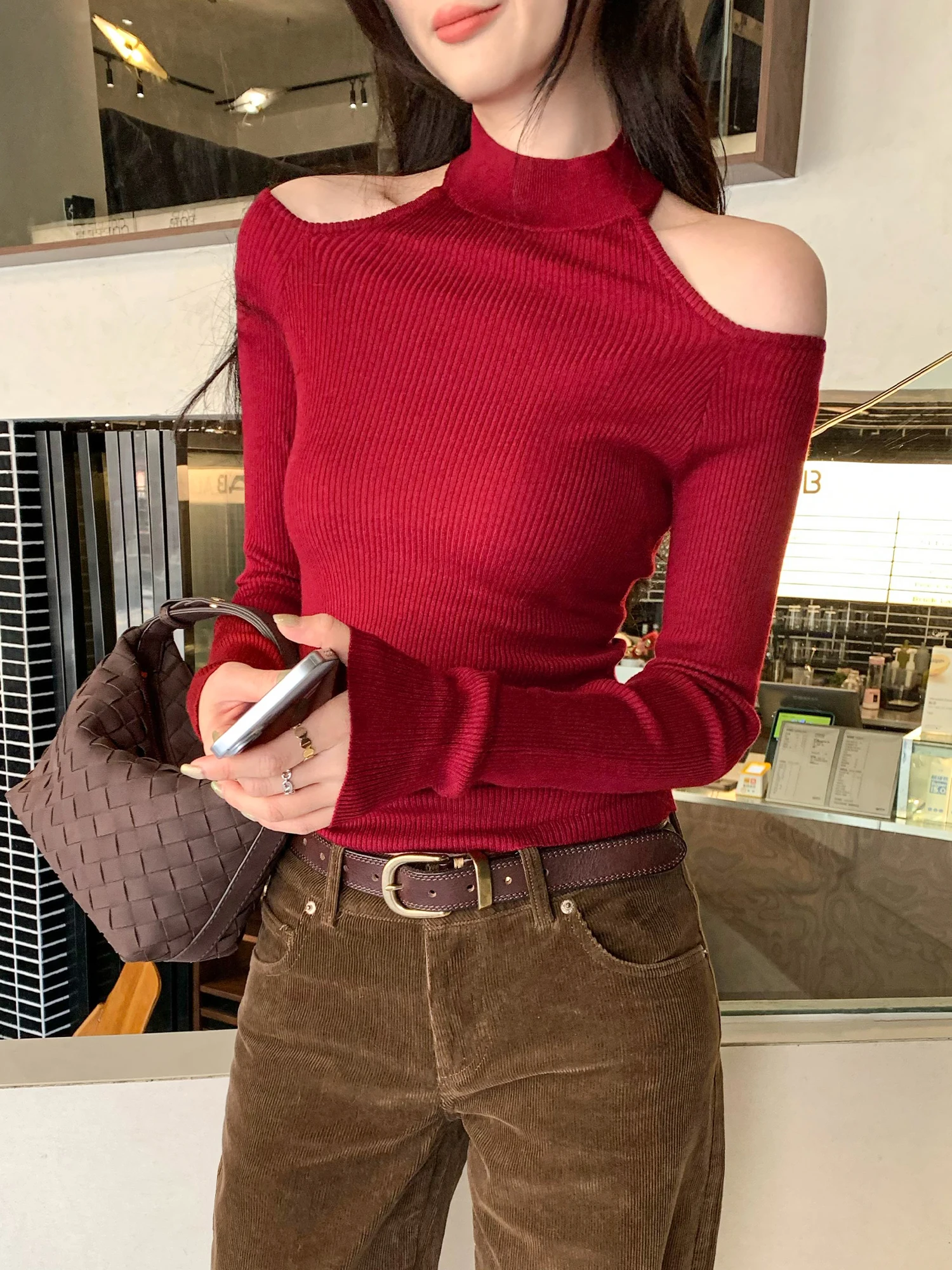 Sexy Shoulder Bared High Collar Long Sleeve Knitted Sweater Women's Slim Fit Elegant Top Spring 2026 New Red Color