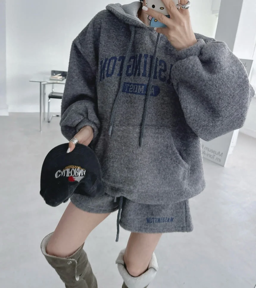 Spring Vintage Letter Print Two Piece Set Women Long Sleeved Hooded Sweatshirt+High Waist Drawstring Shorts Autumn Female Outfit