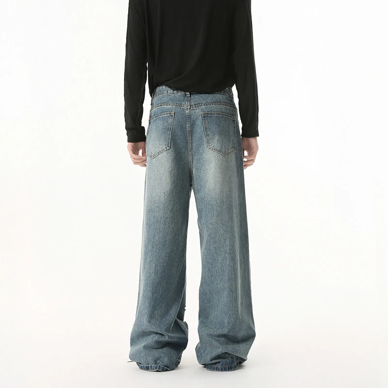 WTHT موضة جديدة للرجال فتحة غير منتظمة تصميم قديم سراويل دينم عالية الشارع جينز صيفي فضفاض عالي الخصر للرجال 2A0066
