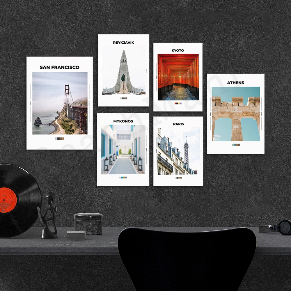 Reykjavik，Strokkur，Godafoss ，Mykonos，Athens，Dark Hedges，London Travel Poster - Travel Poster - Minimalist  Colour Palette