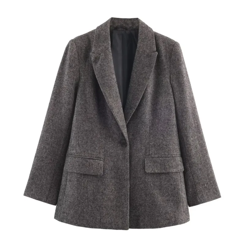

Women Herringbone Wool Suit Jacket Collar Long Sleeves With Flap Pockets for Office Coat Lady Single Button Outerwear Jackets