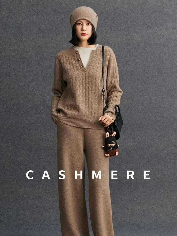 

CHICUU Women 100% Cashmere Knit O-neck Cable Knit Pullover Wide Leg Pant Pants Outfit Set Autumn Winter Thick Casual Cashmere