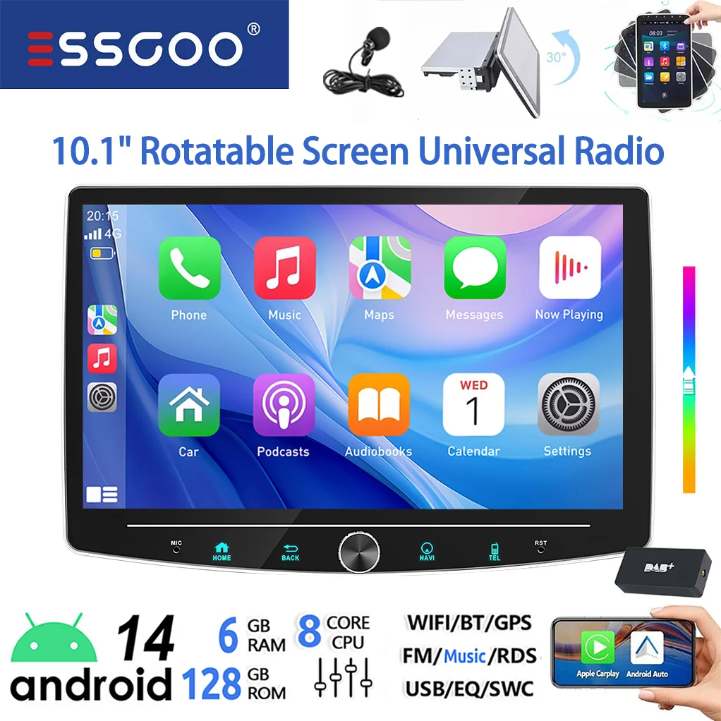 ESSGOO 6+128G 8-core 4G Android 14 Universeel Autoradio Draadloze Carplay Android Auto 1DIN 101" 360° Draaibaar Touchscreen met Microfoon Kleurrijke Knop AM Wifi Bluetooth RDS Multimedia Videospeler