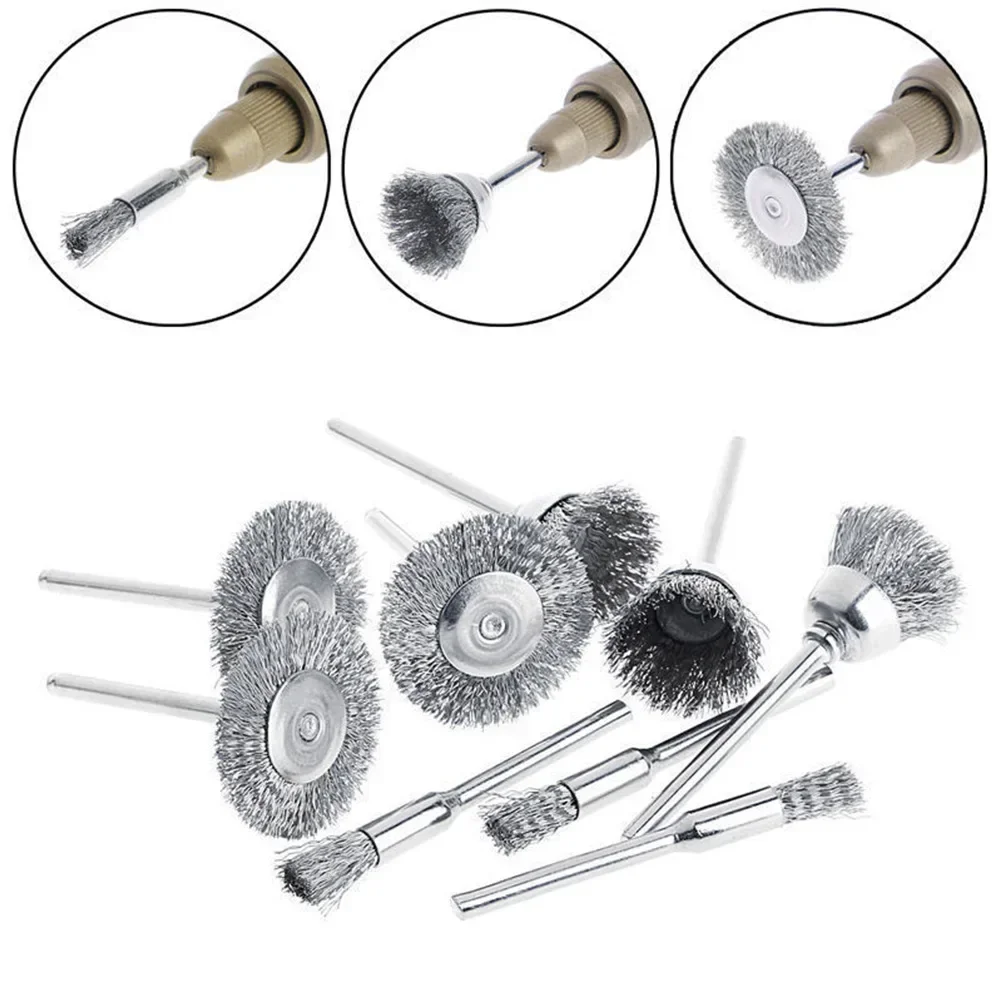 Imagem -04 - Rodas de Fio de Aço Escovas Broca Ferramentas Rotativas Remoção Ferrugem Metal Limpeza Polimento Escova Conjunto Derusting Moagem Ferramentas Manuais Peças
