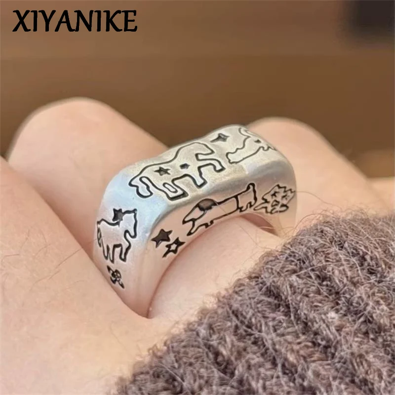 XIYANIKE Cartoon Animal Graffiti Horse Star Adjustable Finger Rings For Women Fashion New Jewelry Gift Party Birthday кольцо
