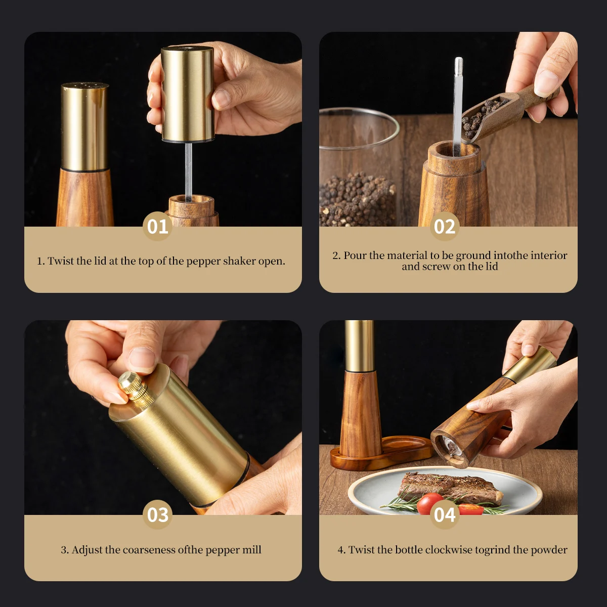 1PC/Acacia wood pepper grinder manual sea salt pepper seasoning jar wooden pepper grinder salt bottle grinder bottle view 5