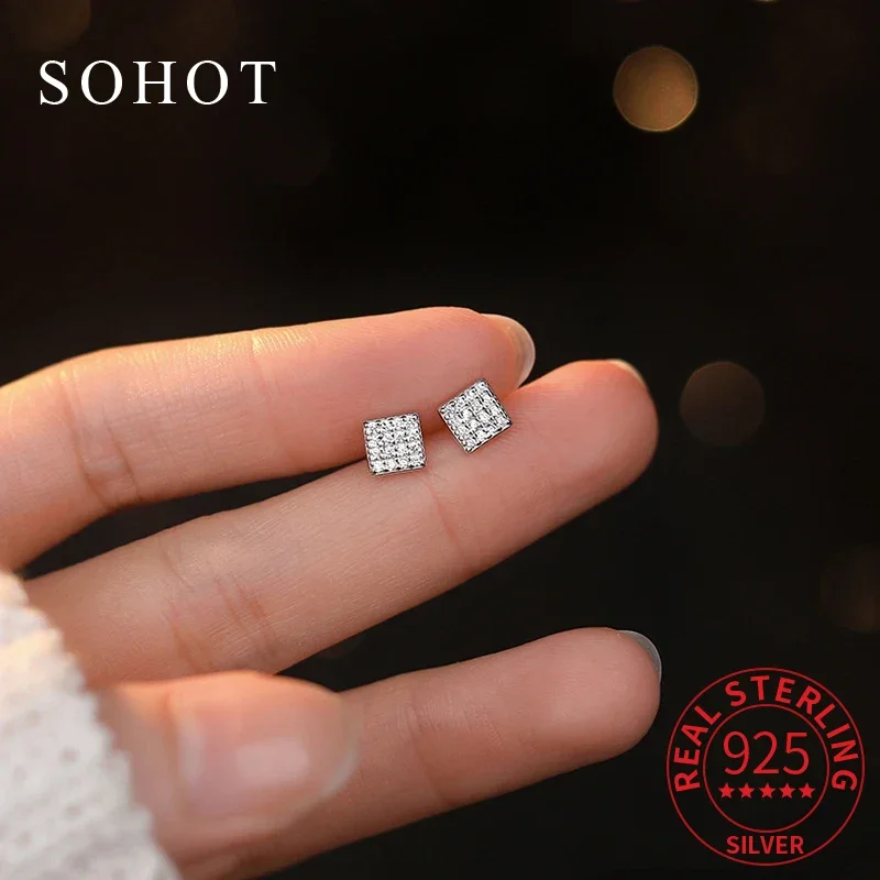 

Real 925 Sterling Silver Square Minimalist Full Zircon Mini Stud Earrings For Women OL Fine Jewelry Light Luxury Accessories