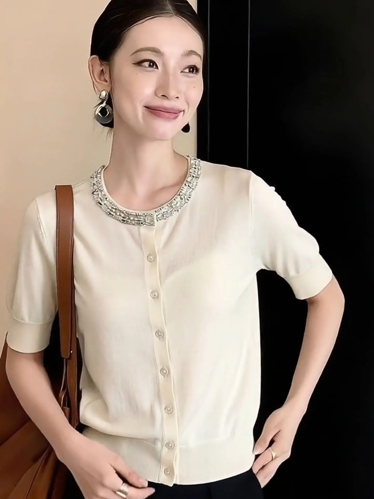 Elegant round Neck Knitted Top with Heavy Embellishment Single Button Short Sleeve Women's Fashionable Commuting Sunscreen Shirt