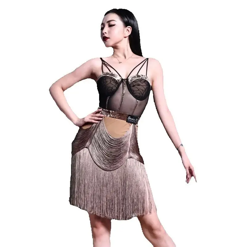 Costume de danse latine Rumba Samba pour femmes, haut sans manches, jupes à franges, vêtements de danse de salle de bal pour adultes, vêtements d'entraînement SL13194