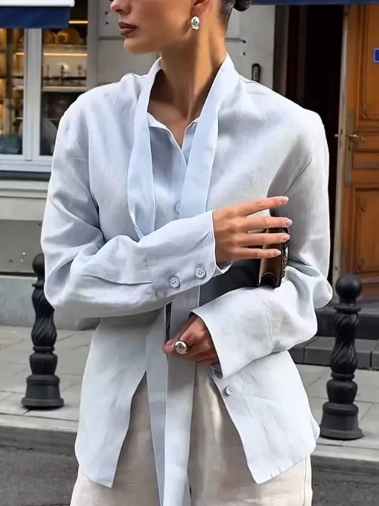 

MCDV Elegant Slim Lace Up Shirts Women's Lapel Single Breasted Scarf Collar Female Casual Blouses 2025 New Autumn Commuting Tops