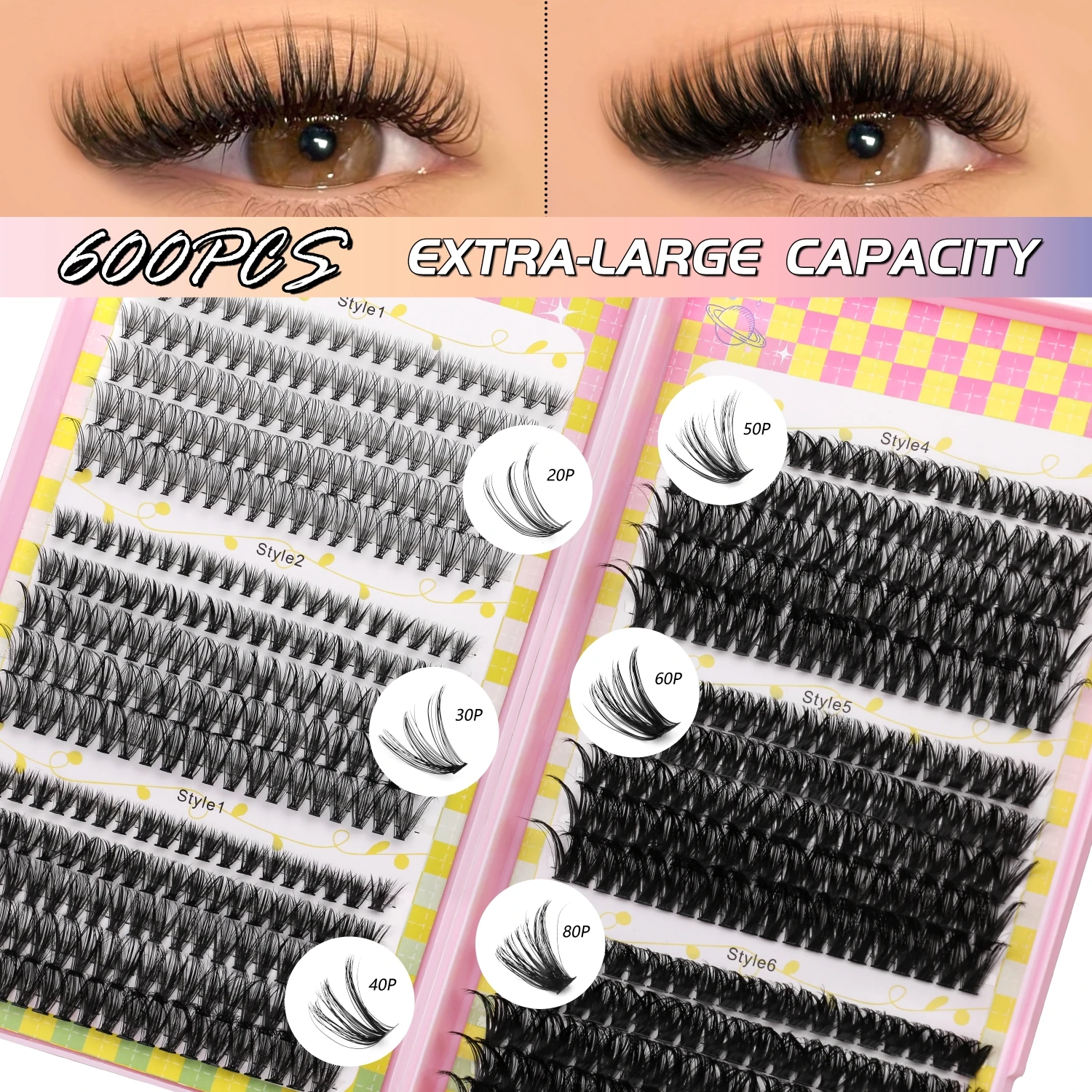 Veltrinay 600 peças de fecho individual, extensão grossa e fofa, comprimento misto, faça você mesmo, cílios macios e fofos
