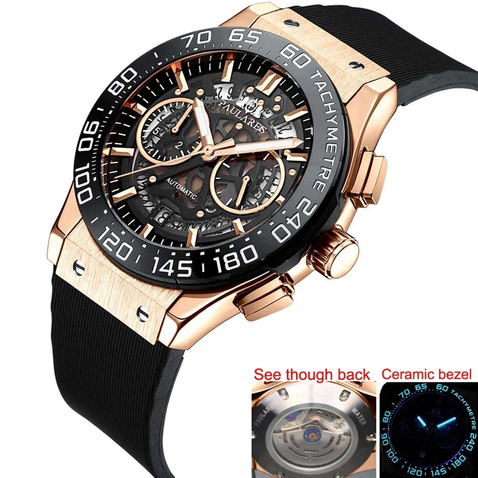

Мужские часы с хронографом, керамический безель со скелетом, синие светящиеся автоматические прозрачные роскошные кварцевые часы из титановой резины розового золота