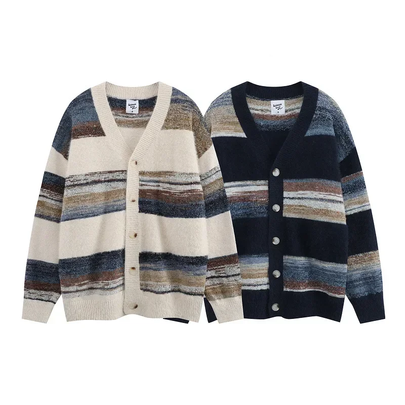 Striped Flat Knitted Cardigan Single Breasted Sweater Long Sleeve Jumpers Men O Neck Loose Fit Button Casual Slight Strech