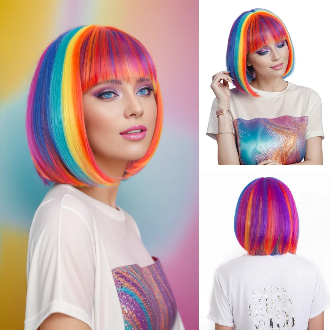 Mehrfarbige Regenbogen-Perücke, kurze Bob-Perücke mit Pony, lockige gewellte synthetische Cosplay-Perücke für Frauen und Mädchen