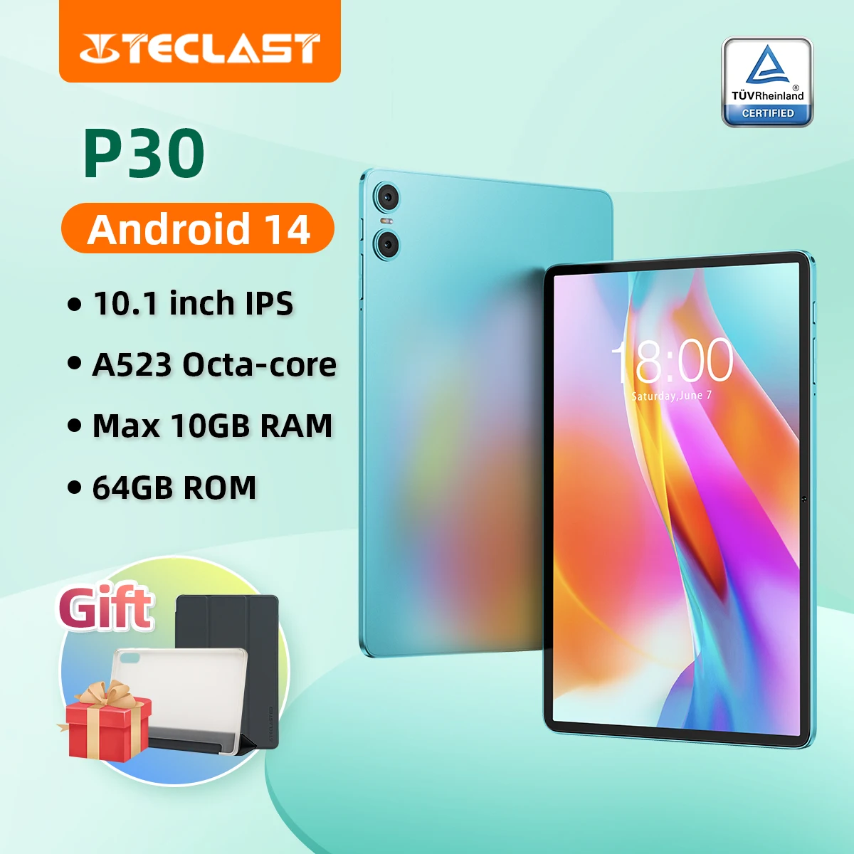 Teclast P30 Android 14 Tablet 10.1 inch IPS A523 Octa-core Max 10GB RAM 64GB ROM Tablets PC 3.5mm Jack TÜV Rheinland Certified