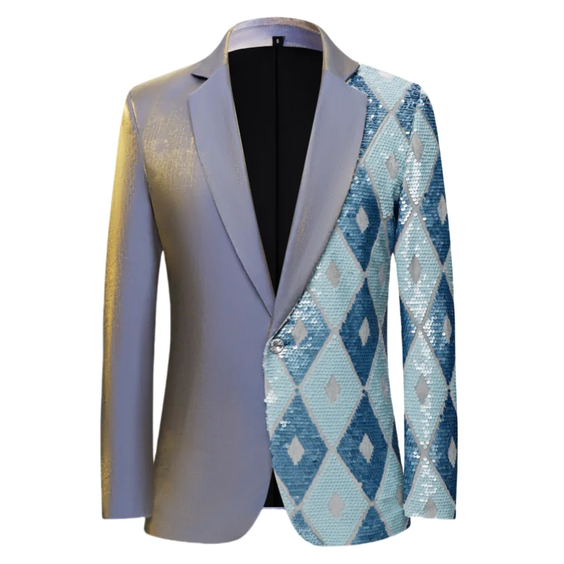 2025 New Men Luxury Sequin Suit One Buckle Jacket Blue Fashion Male Wedding Party Blazer Singer Trend Coats