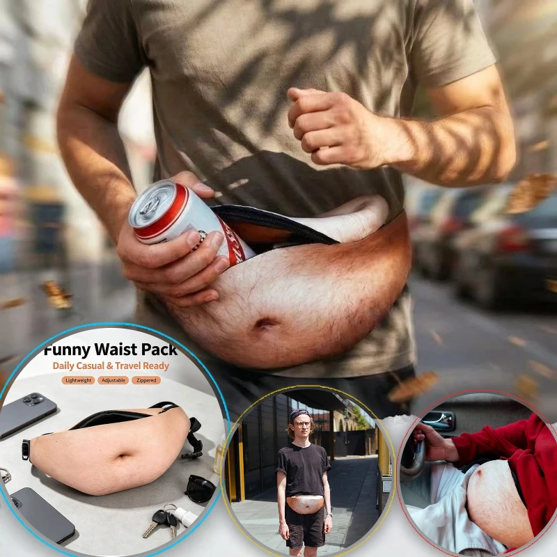 Lustige Bierbauch-Gürteltasche, 3D-Imitation, echter und gefälschter Bauch, Gürteltasche mit Reißverschluss, Outdoor-Reisetasche zur Aufbewahrung, Unisex, für Männer.