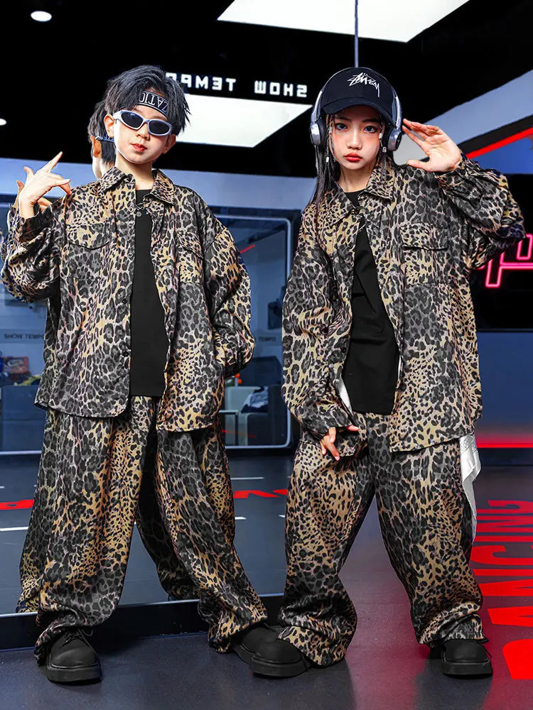 Hip Hop Boys Retro Leopard Print Set K-pop Shirt Tops Pants Child Street Dance Kids Streetwear Girl Group Jazz Clothes